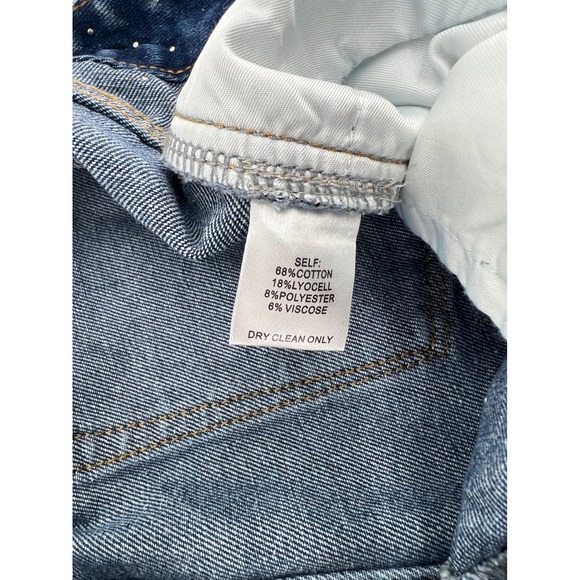 VEVERET Denim Skirt Rhinestone Embellished Distressed Mini Skirt Womens L - Picture 6 of 6